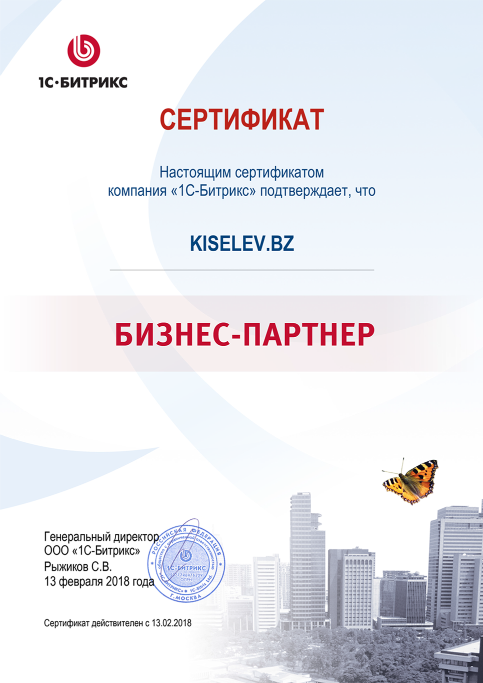 Сертификат партнёра по СРМ системам в Карабаше